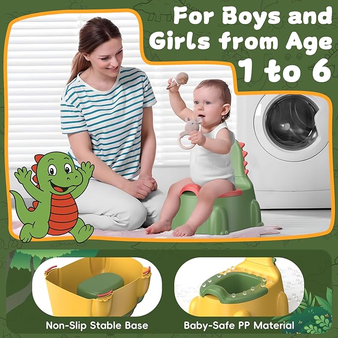 Potty Training Toilet Toddler Potty Chair Kids Boys Girls Dinosaur Animal Comfortable Potties Training Seat for Childrens Ages 1-3 Portable Baby Toilets with Lid Back Easy to Clean Potty Trainer
