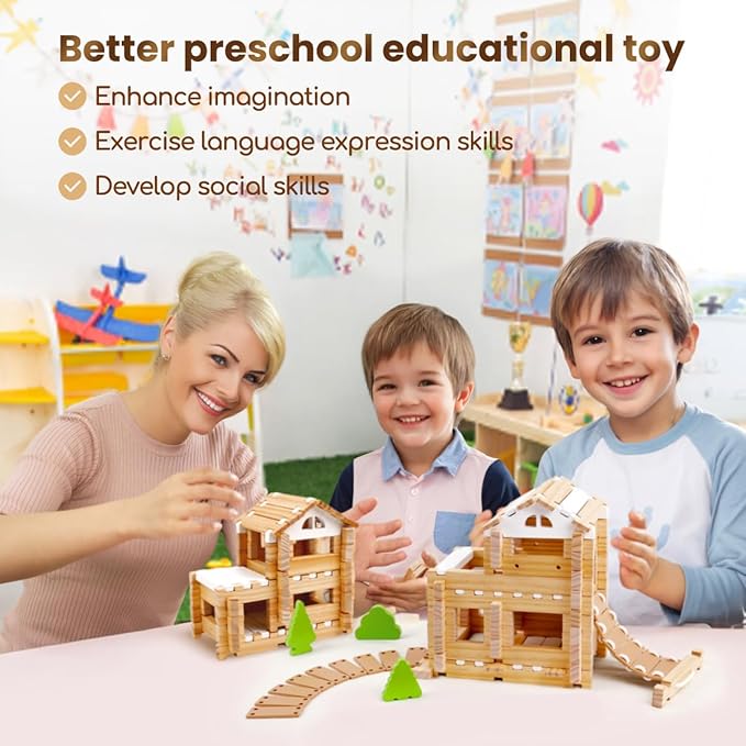 Jovi-mindly＆Notchies 96 PCS Wooden Blocks Wooden Toys with Storage Bag, Preschool Learning Toys Wood Blocks Building for Kids Ages 4-8 Creative Construction Game,FSC Certified,Halloween Gifts