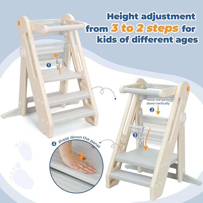 Onasti Toddler Tower Kitchen Stool Helper, Foldable & Adjustable Height Kids Learning Stool for Kitchen Counter Bathroom Sink, Child Ladder for Toddlers with Handles, Safty Rail, Non-Slip Pads-Grey