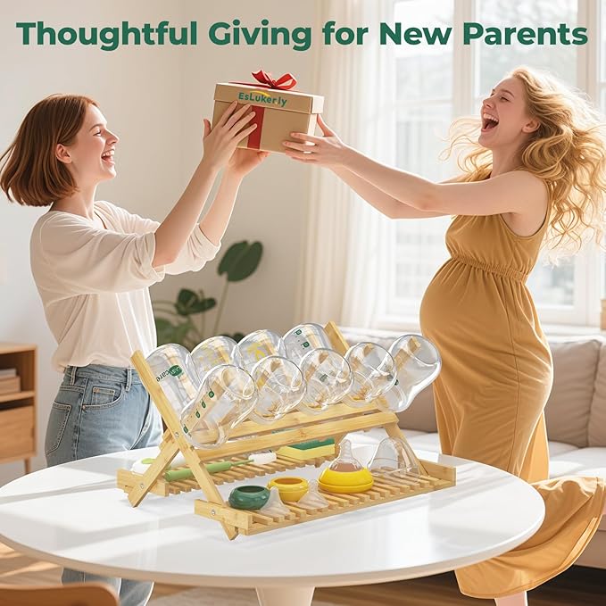 EsLuker.ly Baby Bottle Drying Rack, Bamboo Vertical Dryer Holder Organizer for Kitchen Countertop, Space Saving Foldable Baby Glass Milk Bottle Drain Storage Shelf for New Parents Family, No Assembly