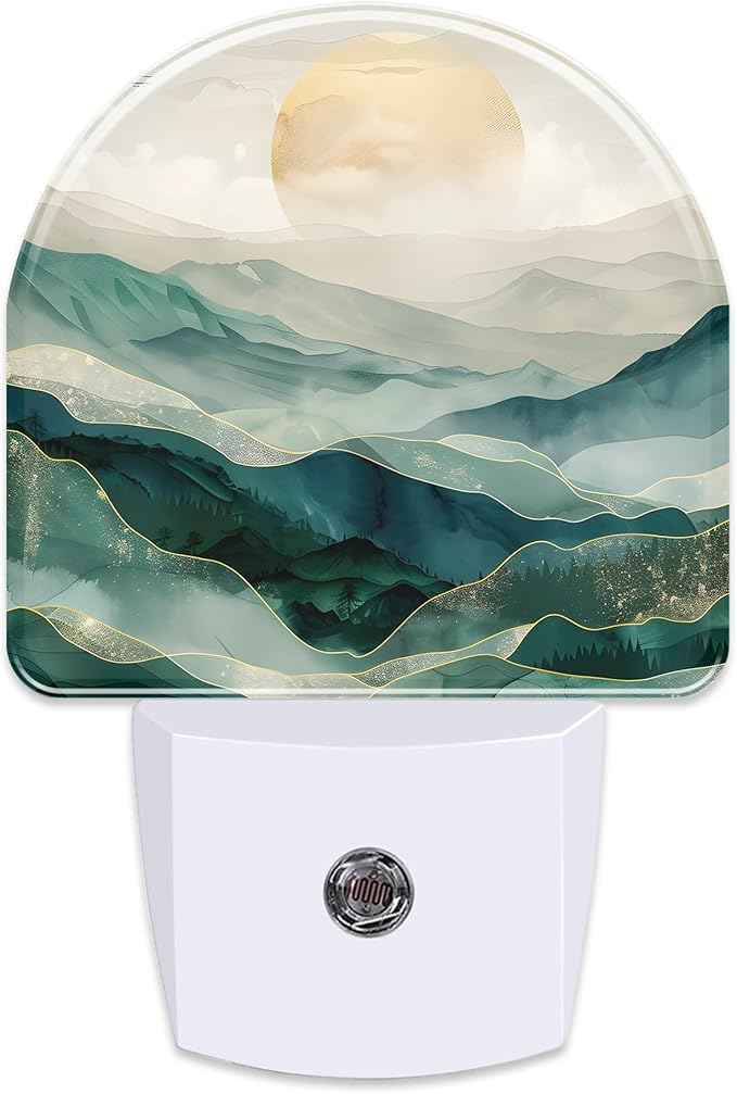 Golden Mountains with Sun Night Light for Kids,Watercolor Sunrise Mountain Night Light Plug in with Dusk to Dawn Sensor,0.5w Energy Saving Nightlight for Hallway Stairway Kitchen Bedroom