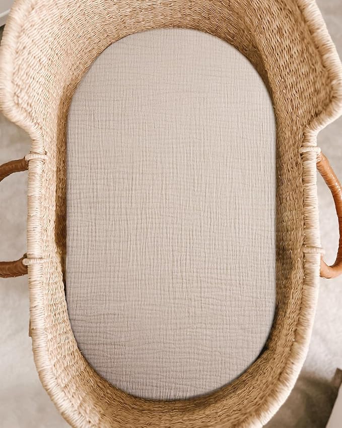 Bassinet Sheet for Baby Boy and Girl 2 Pack, Fitted Sheets for Rectangle, Oval, Hourglass Bassinet Mattress, Muslin Moses Basket Sheets with Neutral Style (Beige & Cream)