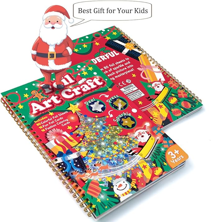 JULEASEL Christmas Foil Paper Arts and Crafts Kits, DIY Xmas Arts and Crafts for Kids, No Mess Foil and Coloring Books, Creative Christmas Gifts for Boys Girls Ages 4+, Kids Travel Essentials Toy
