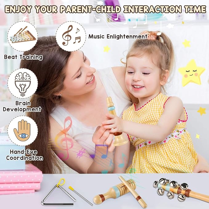 LOOIKOOS Baby Musical Instruments,Montessori Wooden Toys for Toddlers 1-3 Preschool Educational Neutral Colors Percussion Instruments Set with Modern Boho Xylophone for Kids