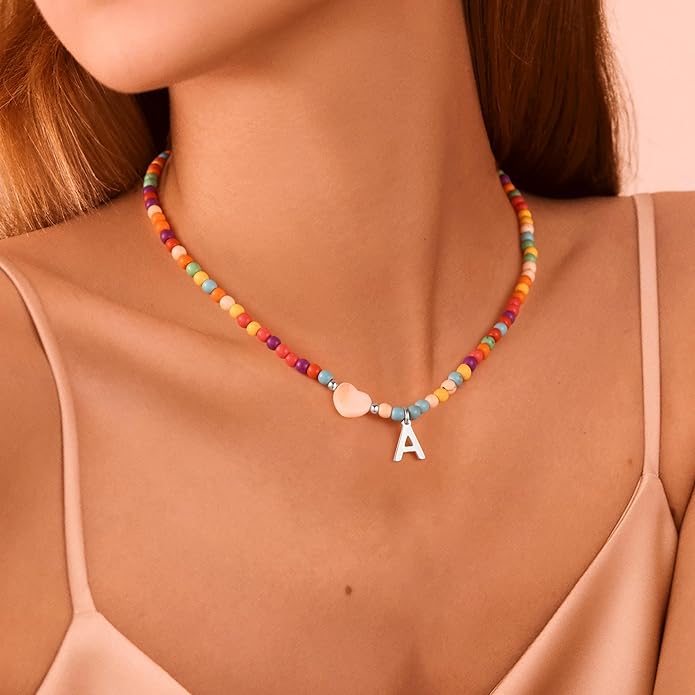 Ursteel Colorful Initial Cute Necklaces for Girls - Trendy Beaded Choker Necklace for Women Teen Girl, Personalized Letter Initial Gifts for Women Kids Jewelry