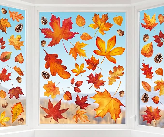 Whaline 9 Sheet Fall Window Clings Watercolor Orange-Brown Maple Leaves Pine Cone Acorn Double-Sided Reusable Windows Decals for Autumn Thanksgiving Halloween Home Windows Glass Holiday Decor