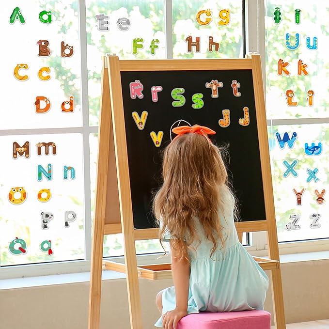 Whaline 2 Sheets Alphabet Letters Thick Gel Clings Cute Animals 26 Uppercase & Lowercase Window Gel Decals for Educational Spelling Learning Home Classroom Nursery Decor