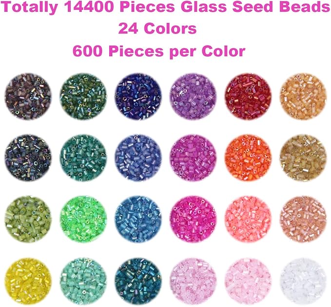 EuTengHao 14400pcs Tube Beads Bugle Glass Seed Beads, Small Craft Spacer Beads for DIY Bracelet Necklaces Crafting Jewelry Making Supplies with Two Crystal String (3mm, 600 Per Color, 24 Colors)