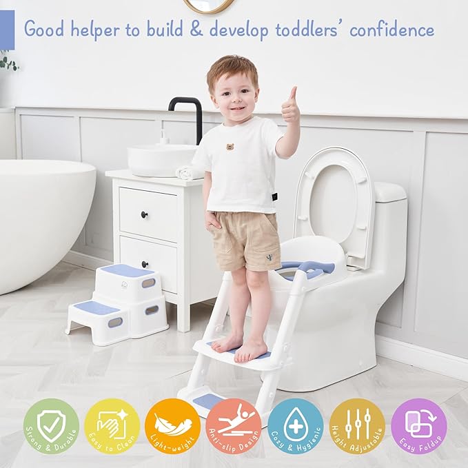 Forbena Blue Toddler Boys Toilet Potty Training Seat with Step Stool Ladder, Baby Child Kids Adjustable Height Sturdy Potty Seat with Soft Cushion and Comfortable Handles (White and Blue)