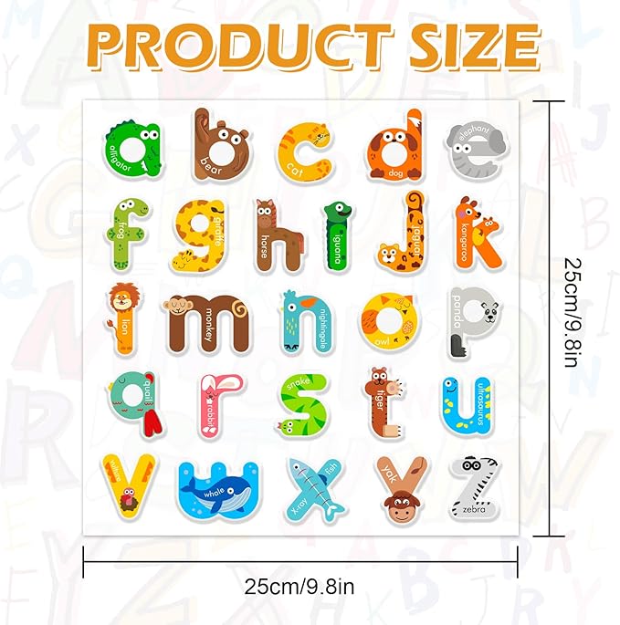 Whaline 52Pcs Alphabet Letters Thick Gel Clings Cute Animal Lowercase Letters Window Gel Decals for Educational Spelling Learning Home Classroom Nursery Decor, 2 Sheets