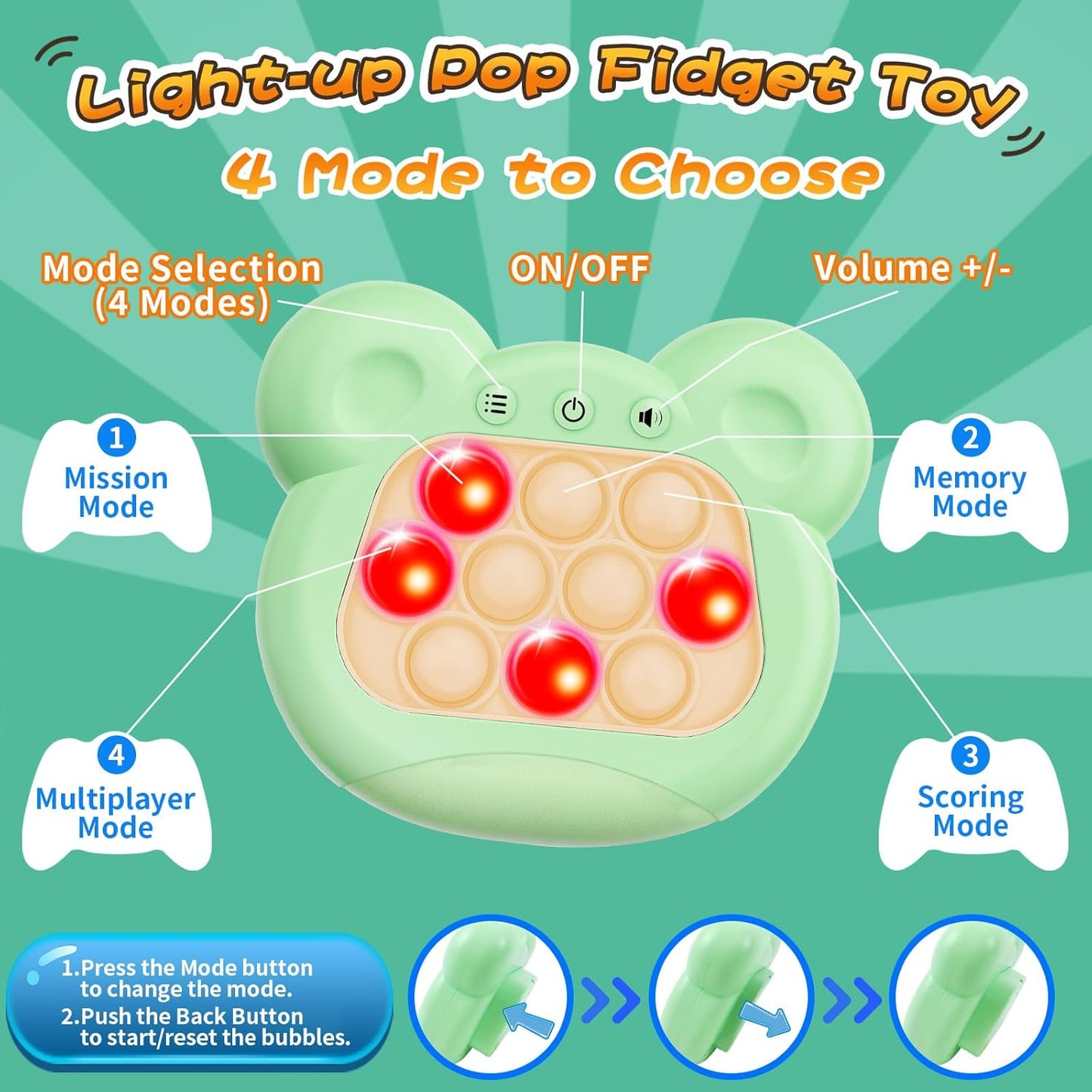 Fast Push Bubble Game, Light-up Pop Game Fidget Toys for Kids and Adults, Electronic Handheld Games, Stress Relief Toys for 6 7 8 9 Year Old Boys & Girls (Green)