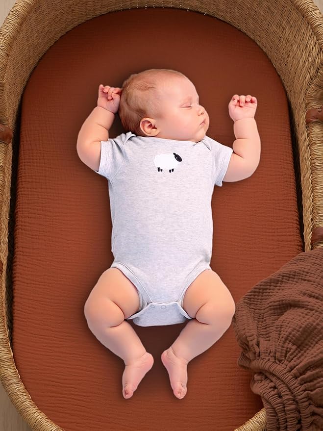 TILLYOU Muslin Bassinet Sheets Girls Boys, 100% Cotton Bassinet Sheets, Fit Oval, Rectangle and Square Mattress, 2 Pack，Caramel&Brown