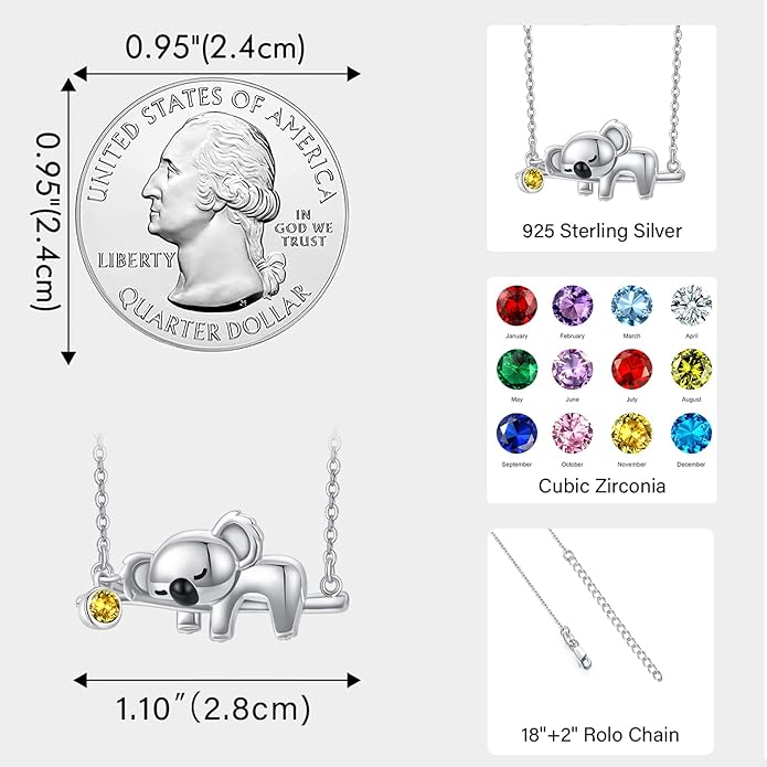 JUSTKIDSTOY Koala Necklace Sterling Silver Cute Animal Koala Bear Birthstone Necklace Jewelry Christmas Birthday Gifts for Women Girls