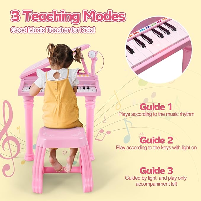 HONEY JOY Classical Kids Mini Grand Piano w/ Music Stand & Stool, Portable Electronic Piano Educational Musical Instrument Toy w/ Microphone, Lights, Gift for Kids (Pink, 31 Keys)