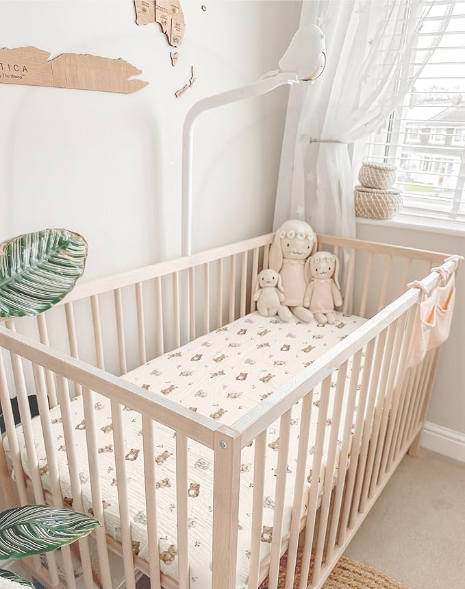 Mini Crib Sheets for Baby Boy Girl 2 Pack, Neutral Mini Crib Mattress Sheet 24" x 38", Muslin Nursery Bedding Soft and Breathable Comfort (Teddy & Friends)