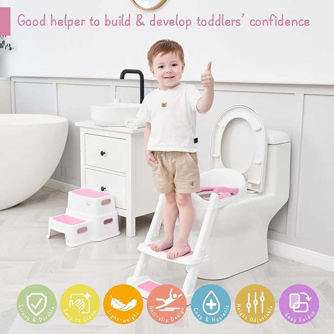 Forbena Potty Training Toilet Seat with Step Stool Ladder, Toddler Kids Potty Seat for Girls, Non Slip Foldable Toilet Training Seat with Soft Cushion, Comfortable Handles (White-Pink)