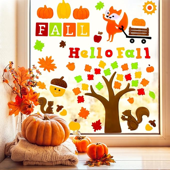 XIMISHOP 6sheet Fall Gel Window Clings, Maple Leaf Harvest Pumpkin Fox Thanksgiving Gel Window Stickers Decoration Decals for Halloween Window Decor