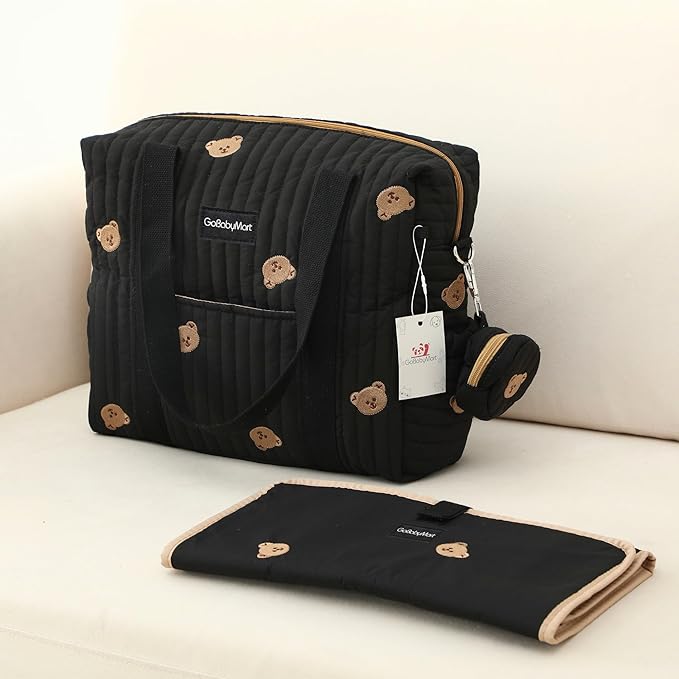 Large Diaper Bag Tote, Maternity Hospital Travel diaper tote, Multifunction baby bag, Baby Nappy Bags, Messenger bag (Medium - Black Bears)