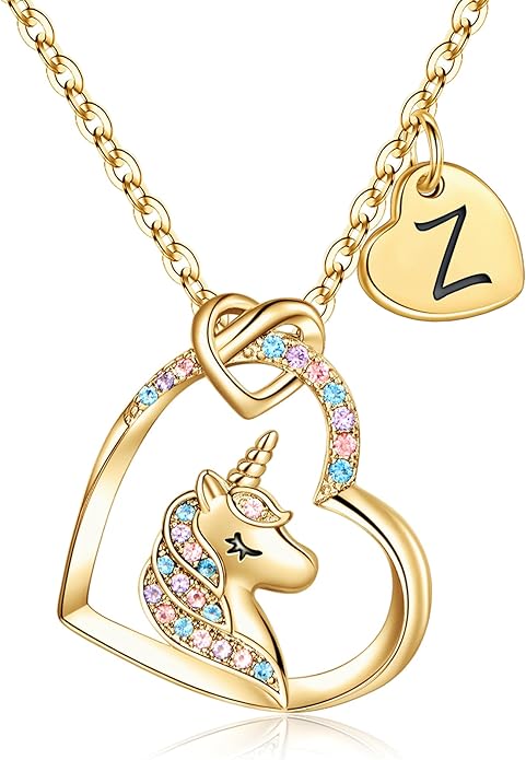 Hidepoo Unicorn Necklace Gifts for Girls - Colorful CZ Heart Pendant Initial Unicorns Necklaces for Teens Little Girls Jewelry Birthday Gift for Girl Daughter Granddaughter Niece