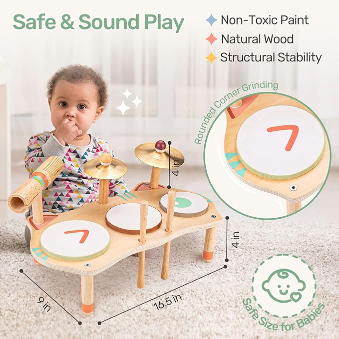 WINGYZ Baby Drum Set – 7-in-1 Wooden Musical Instruments for Toddlers 1-3, Montessori Kids Music Toys with Cymbal & Tone Block, Morandi Cat Design, Early Learning Gift for Boys Girls