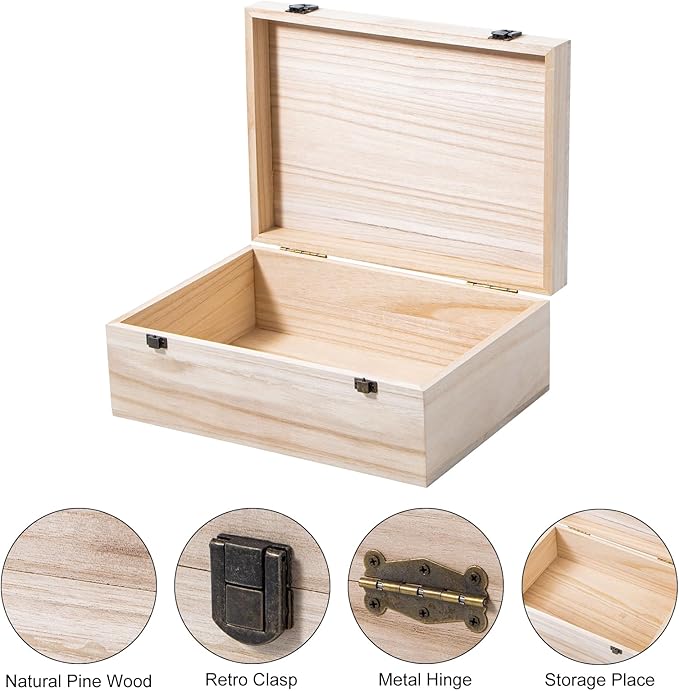 Wooden Storage Box Container with Hinged Lid and Front Clasp, 12.2''x8.6''x4.7'' Large Wooden Box, Wood Boxes Wood Gift Boxes for Crafts Art Hobbies and Valentine's Day Decoration