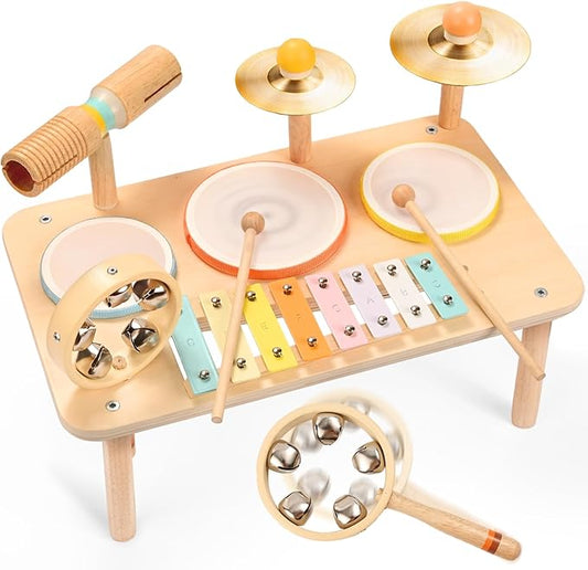 WINGYZ Drum Set for 1 Year Old Toddlers – 10 in 1 Wooden Baby Musical Toys for Kids with Drums, Xylophone, Cymbals, Bell & Tone Block, Montessori Music Instruments Gift for Ages 1-3 2-5