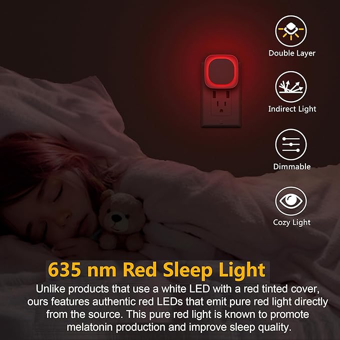 2 Pack Plug in Red Sleep Night Light, Auto Dusk to Dawn, Soft Glow, Dimmable Diffused Light, Led Lights for Bedroom, Sleep, Baby Nursery, Kids, Toddler, Bathroom, Hallway, Home Decor