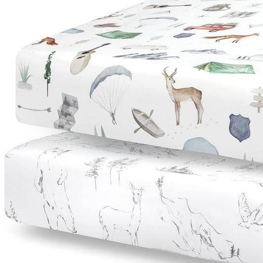 Pobibaby - 2 Pack Premium Fitted Baby Boy Crib Sheets for Standard Crib Mattress - Ultra-Soft Cotton Blend, Safe and Snug, and Stylish Woodland Sheet (Explore)