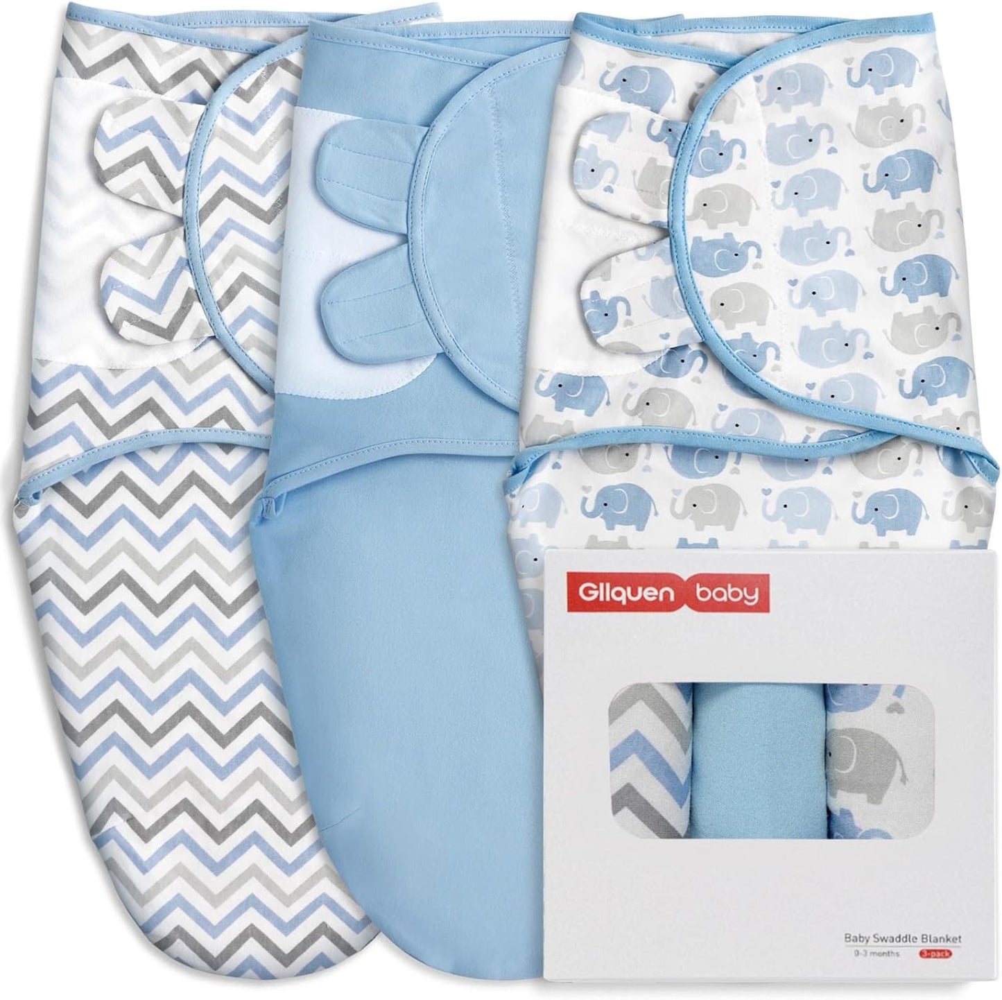 GLLQUEN BABY Swaddle Sleep Sack - 3 Pack Infant Swaddles for Newborn, Baby Swaddling Sack 0-3 Months, Ergonomic Newborn Swaddle Blanket for Baby Boy and Girl, Blue & Elephants
