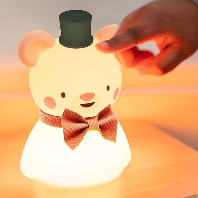 Taf Toys Silicone Kids Night Light Adjustable Brightness Levels & 30-Min Timer Tap Control 3-Level Dimmable Baby Night Lights for Nursery USB Rechargeable Nursing Lamp Bedroom Décor (Little Bear)