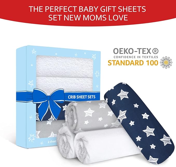 Crib Sheets & Waterproof Crib Mattress Protector for Boys 4 Pack Set, Viscose, Waterproof Crib Sheets Mattress Pad Cover, Grey & Navy
