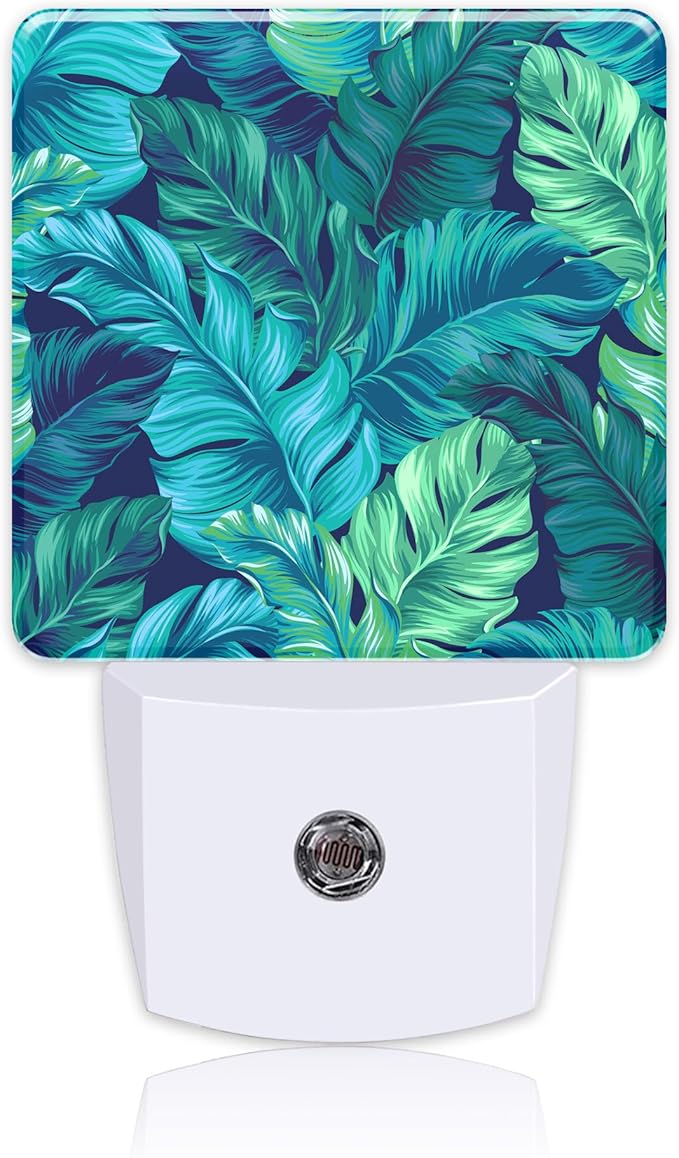 Night Light Plug into Wall Turquoise and Green Tropical Leaves Night Light with Dusk to Dawn Sensor Night Light for Kid Girls Boys Women Room Decor,Hallway,Kitchen,Bathroom,Nursery,Stairs