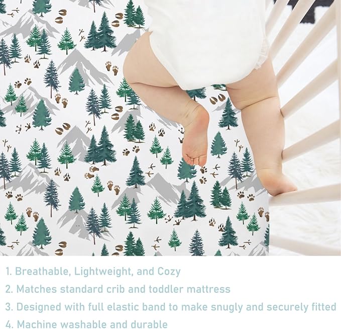 Green Pine Trees Animals Tracks Baby Crib Sheet 52''x28'' Pine Trees Paws Mountain Snug Fitted Crib Mattress Cover for Boy Girl Wildlife Soft Baby Bed Sheets for Standard Crib & Toddler Mattress