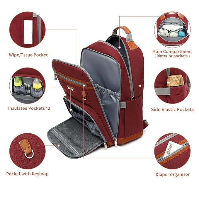 Diaper Bag Backpack, Large Baby Nappy Bags with Portable Changing Pad for Boys and GirlsMultifunction Travel Baby Bag for Moms Dads, Shower Gifts Waterproof and Stylish，Red