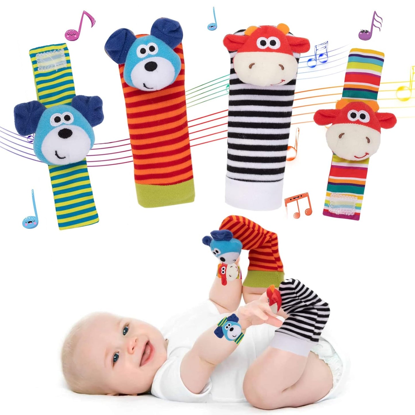 4 Pack Baby Wrist Rattles - Animal Socks Set for Toddlers 1-3, Early Learning Toys