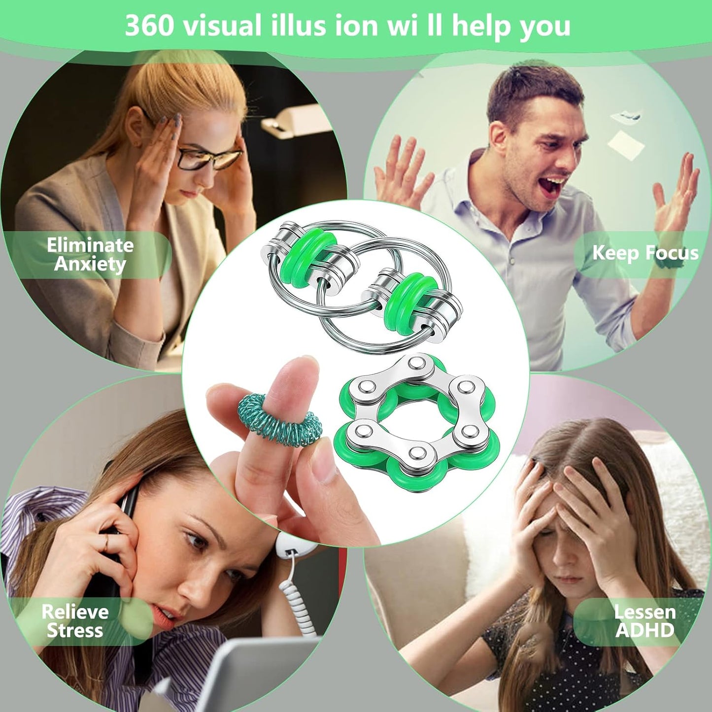 8 Pcs Hand Fidget Toys for Adults Roller Bike Chain Gyro Fidget Spinners Flippy Chain Mesh Marble and Spiky Fidget Rings Desk Silent Fidget Toys for Adults Teens Anxiety and Stress Relief