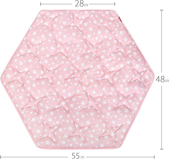 Hexagon Mat Princess Tent Rug, Plush Soft Playpen Mat Fitted for Monobeach Princess Castle, Non Slip Pink Star Nursery Rug for Baby Girl Room Decor, 55" L x 47" W