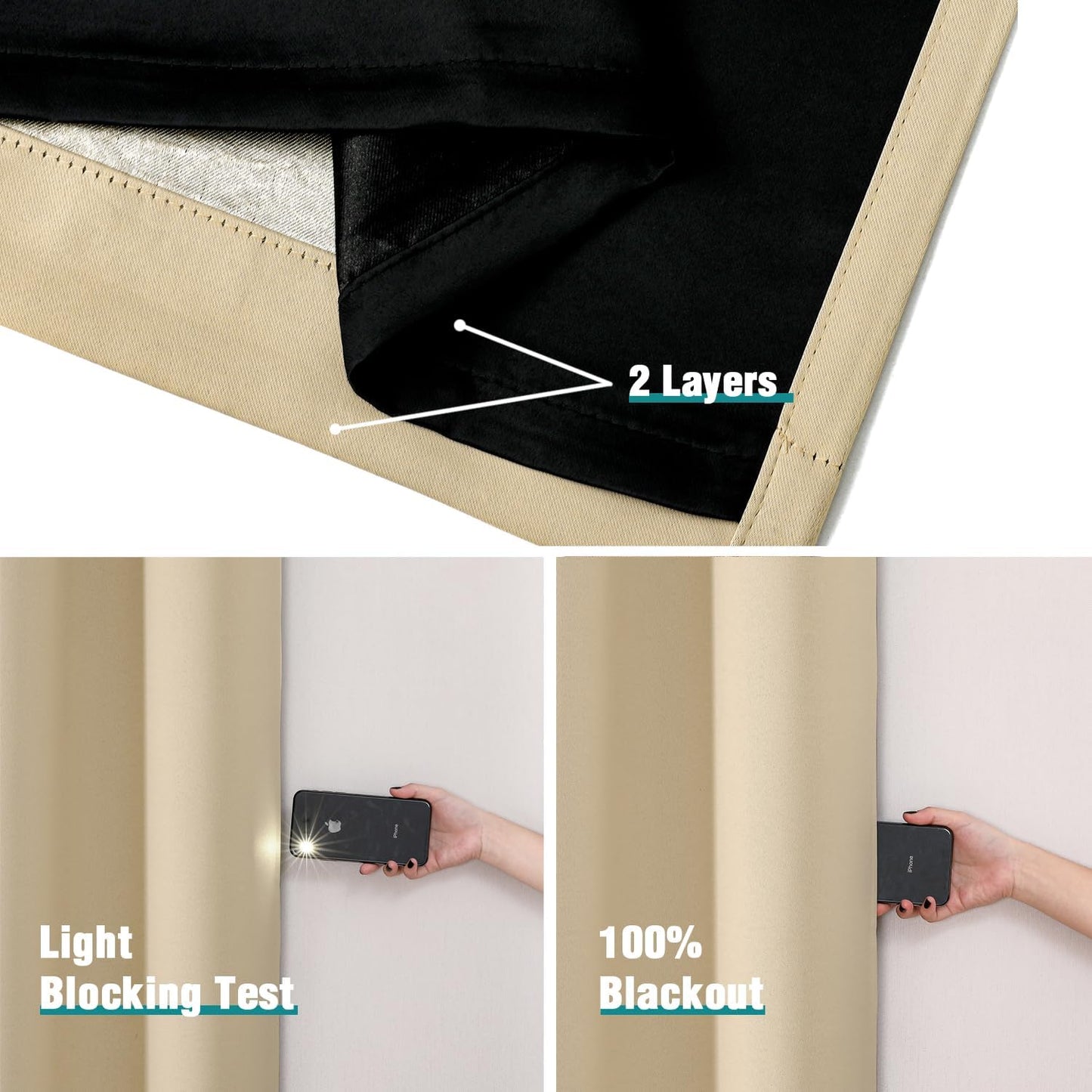 ChrisDowa 100% Blackout Curtains for Bedroom with Black Liner, 2 Thick Layers Total Blackout Thermal Insulated Grommet Window Curtains 2 Panels Set (Beige, 52 x 72 Inch)