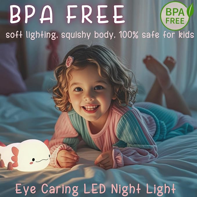 Axolotl Cute Night Light for Kids, Axolotl Lamp Girls Xmas Gifts, Rechargeable Bedside Nightlight, Squishy Dimmable Silicone LED Funny Animal Light, Baby Nursery Dorm Kawaii Décor Toys