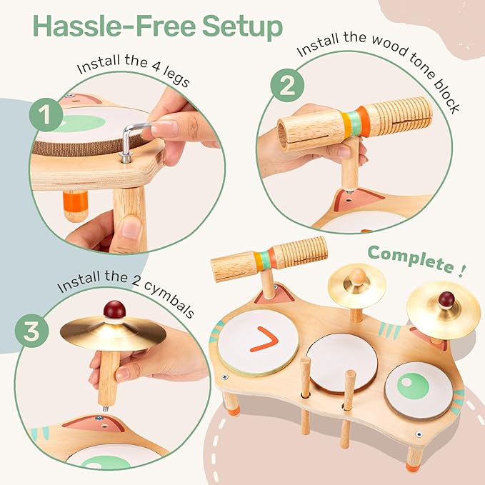 WINGYZ Baby Drum Set – 7-in-1 Wooden Musical Instruments for Toddlers 1-3, Montessori Kids Music Toys with Cymbal & Tone Block, Morandi Cat Design, Early Learning Gift for Boys Girls