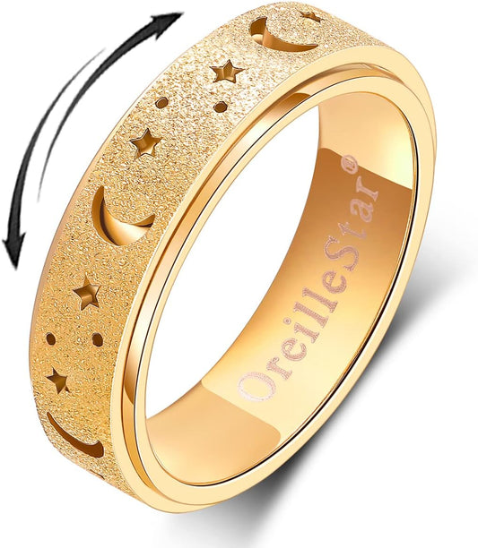 OreilleStar Anxiety Ring for Women Spinner Thumb Ring Stainless Steel Fidget Toys Adults Fidget Spinner Ring Moon Star Gold Size 10