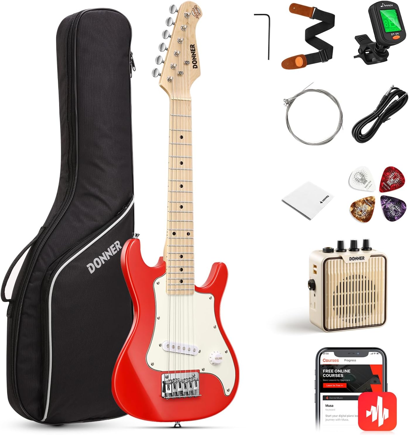 Donner 30 Inch Kids Electric Guitar Beginner Kits ST Style Mini Electric Guitar for Boys Girls with Amp, 600D Bag, Tuner, Picks, Cable, Strap, Extra Strings, DSJ-100, Red
