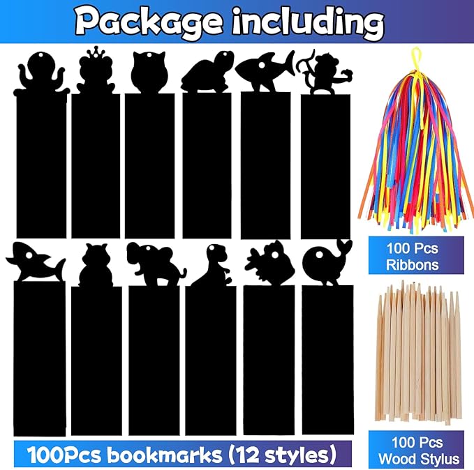 100 Sets Scratch Art Bookmark Making Kit for Kids, Scratch Paper DIY Animal Bookmarks Bulk with 100 Pcs Ribbons and 100 Pcs Wood Stylus for Classroom Activities Crafts Birthday Party Favors