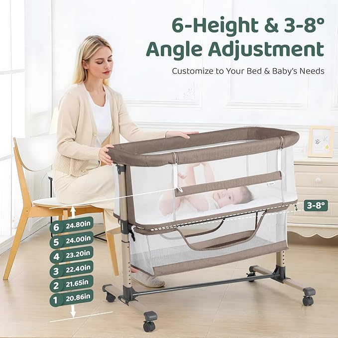 Cowiewie Bassinet Bedside Sleeper, Portable, Breathable, Adjustable Baby Bedside Bassinet for Peaceful Nights, Khaki