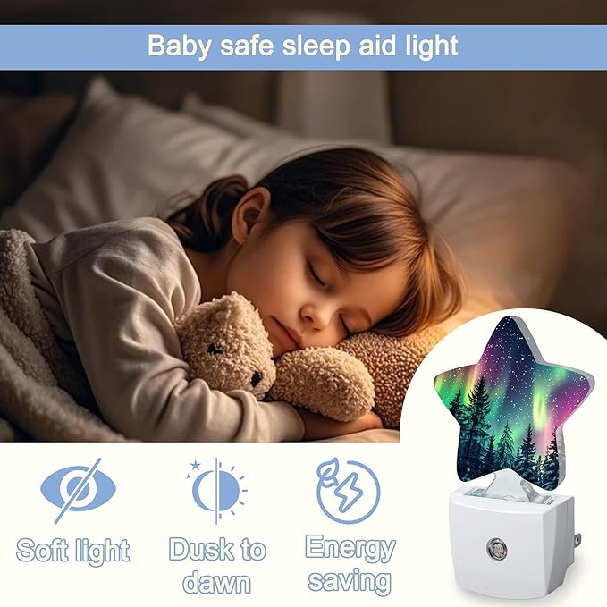 Night Light,Aurora Forest Plug into Wall with Dusk to Dawn Light Sensors,Northern Winter Aurora Warm Star Nightlights for Bedroom,Bathroom,Hallway,Kitchen Home Decor Desk Lamp