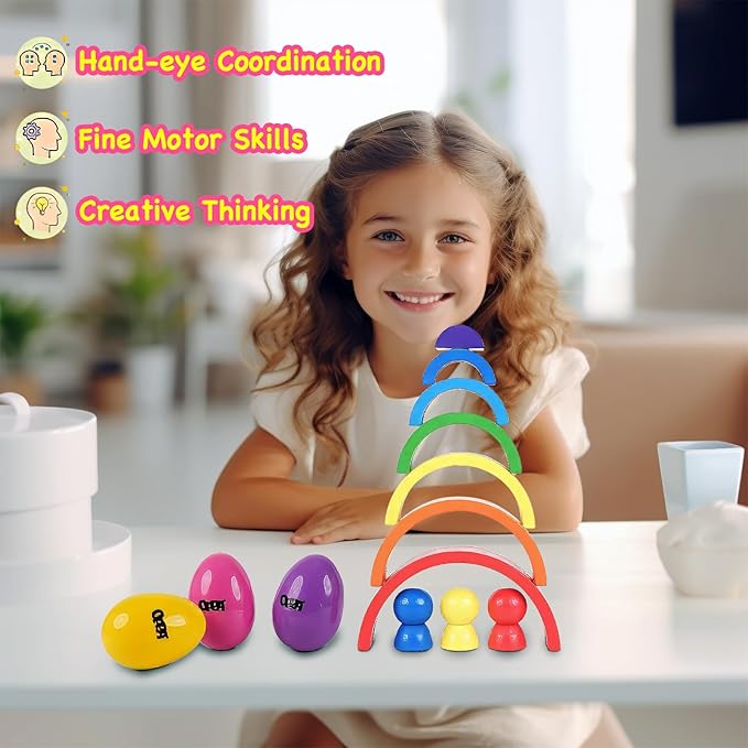 OPPA Colorful Plastic Egg Shakers 6 PCS and Rainbow Stacking Toy, Hand Percussion Musical Shaker, Wooden Rainbow Stacker Nesting Blocks, Educational Toy for Toddlers Baby Preschool Kids