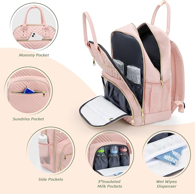 Diaper Bag Backpack,Baby Essentials Diapers Bag with Pacifier Case,Multipurpose Stylish Large Capacity Travel Backpack for Baby Girl/Boy(L-Pink)