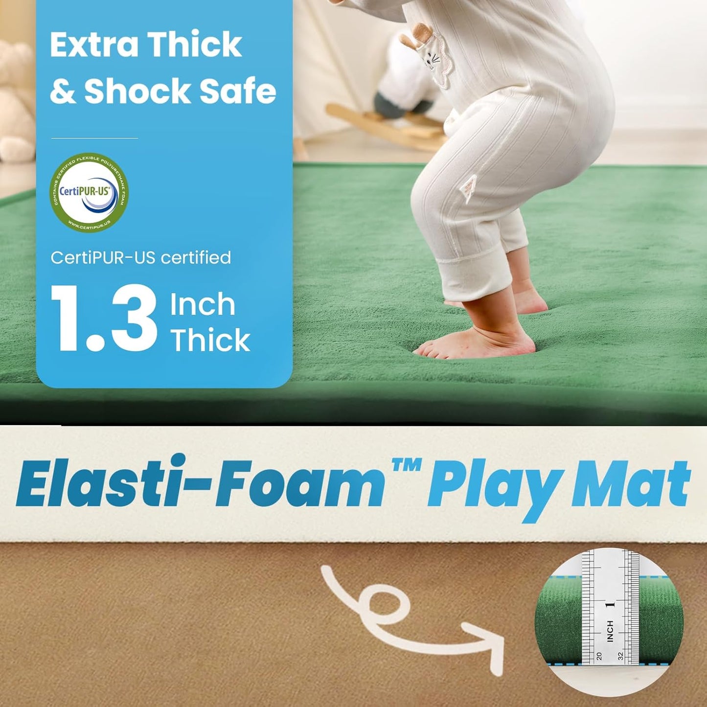 Ultra Soft Baby Play Mat,79"×79" Extra Large Activity Tummy Time Mat for Toddlers,Infants,Kids,1.3" Thick Elasti-Foam Nursery Rug for Floor,Non-Slip Safe for Crawling,Water-Repellent(Emerald)