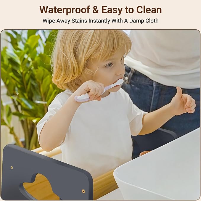 COSYLAND Toddler Standing Tower Adjustable Height - Super Stable Kids Kitchen Stool Helper - 3 Levels Adjustable Wooden Toddler Kitchen Stool (Natural & Light Gray)