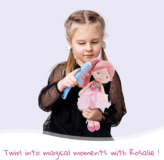 June Garden 15" Ballerina Plush Doll Rosalie - Soft Pink Hair Doll in Floral Dress & Tulle Skirt with Ballet Shoes - Gift for Girls & Toddlers